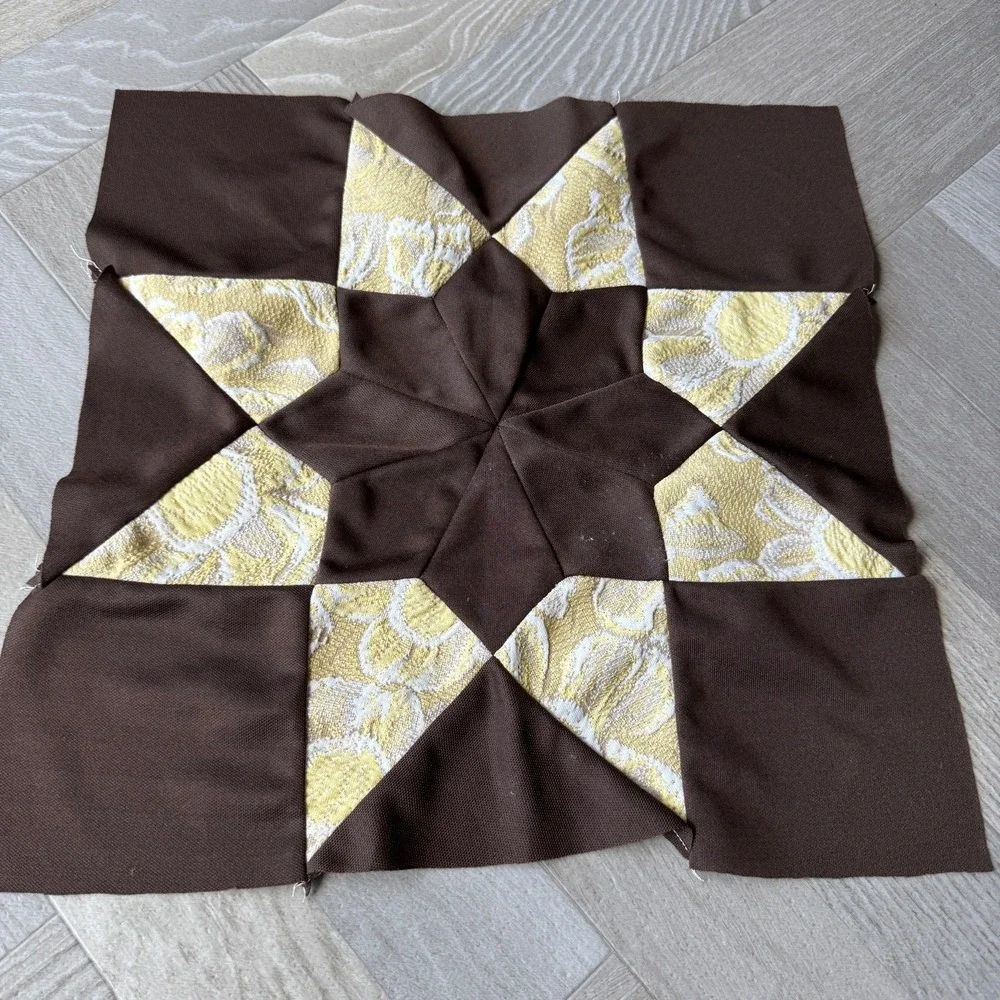 Vintage Handmade Lone Star Quilt Block Brown Yellow Brocade 16x16 Patchwork